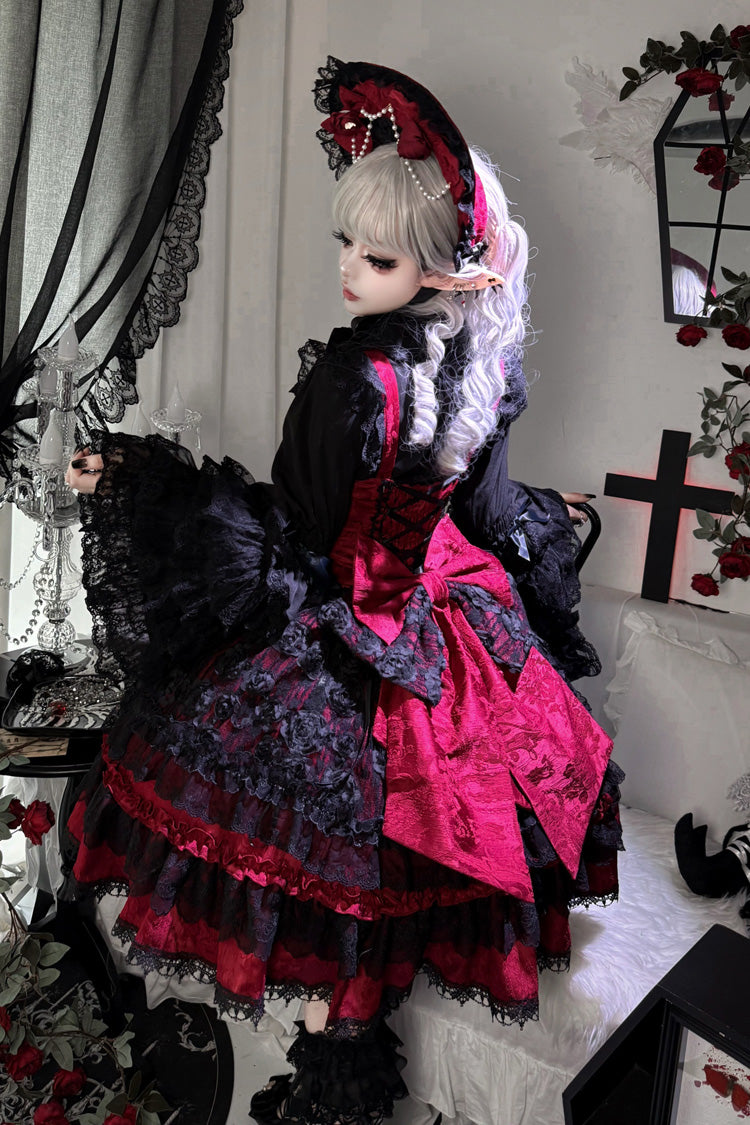 Black/Red [Rose Princess] Sleeveless Ruffle Bowknot Lace Lace-Up Gothic Ballet Lolita Jsk Dress