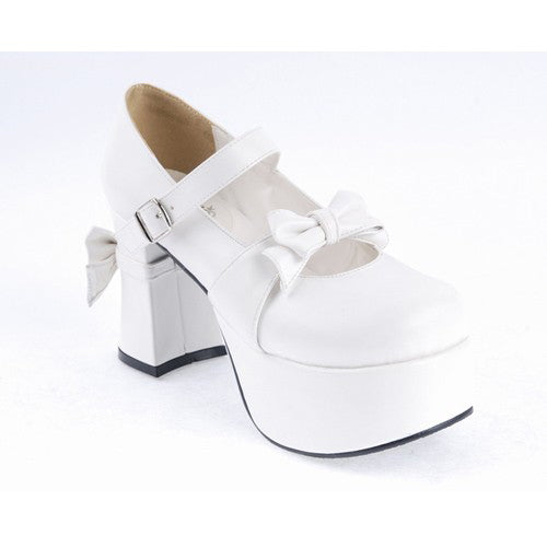 White Patent Leather Round Toe Strap Bowknot Platform Lolita Shoes