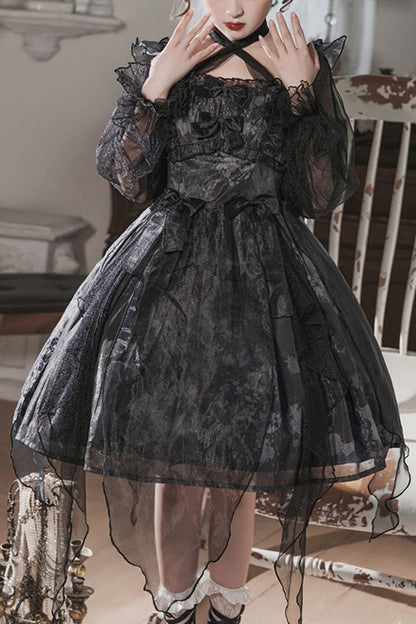 Black Ruffled Strap Mesh Lantern Sleeves High Waisted Irregular Hem Gothic Lolita OP Dress