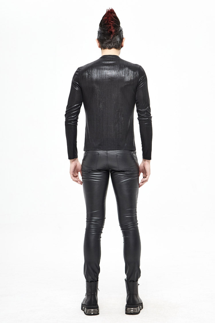Black Zipper Neckline Long Sleeves Slim Mens Steampunk Top