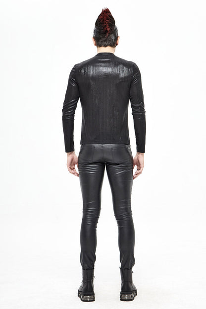 Black Zipper Neckline Long Sleeves Slim Mens Steampunk Top