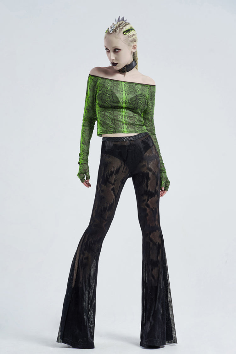Green Long Sleeve One Word Collar Half Cut Finger Cuffs Tight Python Serpent Print Women's Punk T-Shirt