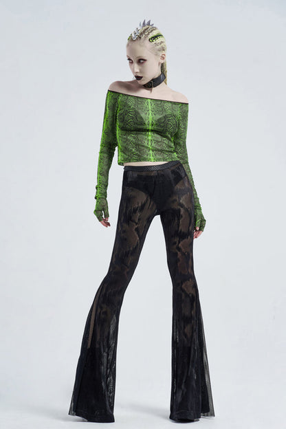 Green Long Sleeve One Word Collar Half Cut Finger Cuffs Tight Python Serpent Print Women's Punk T-Shirt