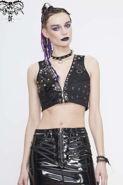 Black Short Leather Splice Mesh Asymmetrical Heavy Metal Decoration Women's Punk Waistcoat
