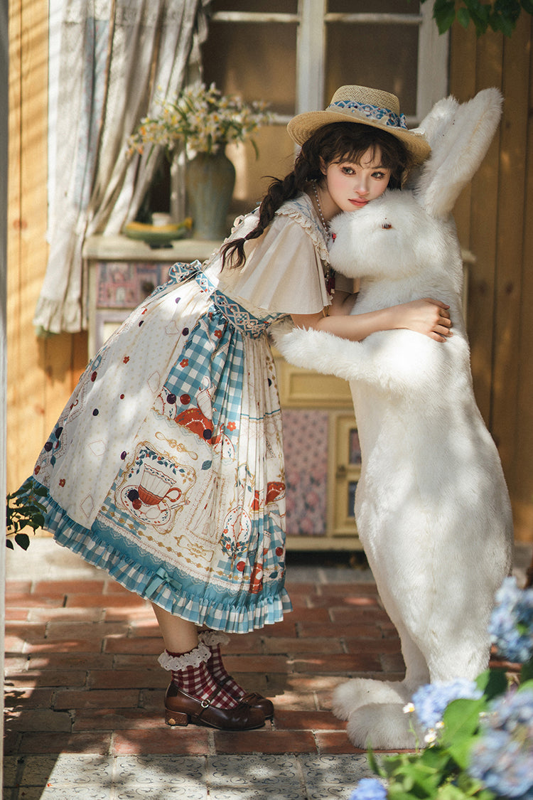 Blue/Green [Tea Party] Print Ruffle Bowknot Lace Sweet Elegant Lolita Jsk Dress