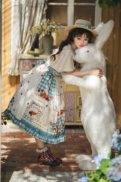 Blue/Green [Tea Party] Print Ruffle Bowknot Lace Sweet Elegant Lolita Jsk Dress