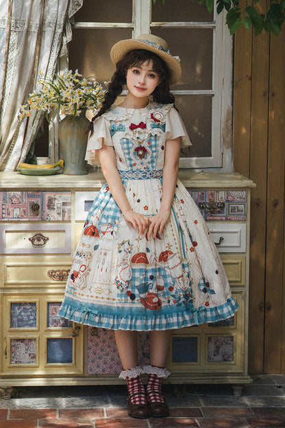 Blue/Green [Tea Party] Print Ruffle Bowknot Lace Sweet Elegant Lolita Jsk Dress