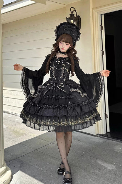 Black [Dream-Sinking Pearl Veil] Doll-Style Sleeveless Multi-Layered Ruffled Bow Lace Daily Gothic Lolita Dress