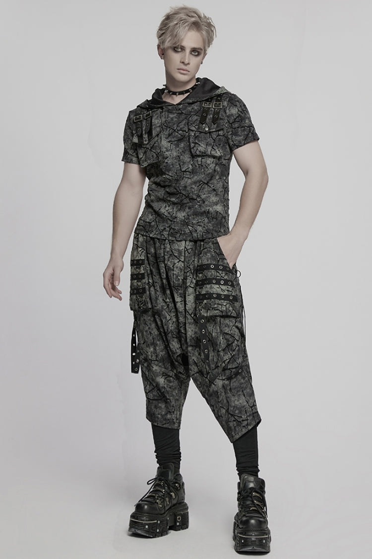 Black/Grey Tie-dyed Sagging Men's Punk Pants with Staps