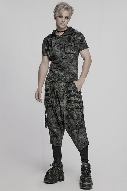 Black/Grey Tie-dyed Sagging Men's Punk Pants with Staps
