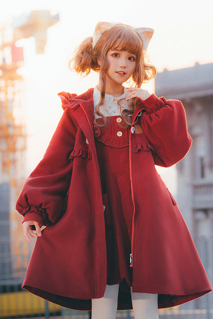 Red Cat Tail Long Sleeves Ruffle Bowknot Hooded Sweet Lolita Coat