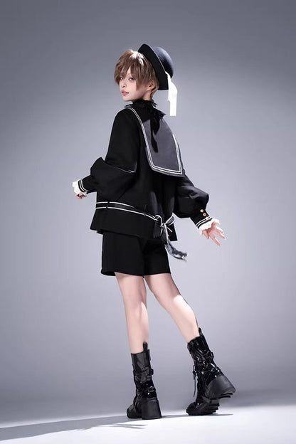Black [City of Mist] Navy Collar Long Sleeves Gothic College Style Prince Ouji Lolita Shorts Coat Set