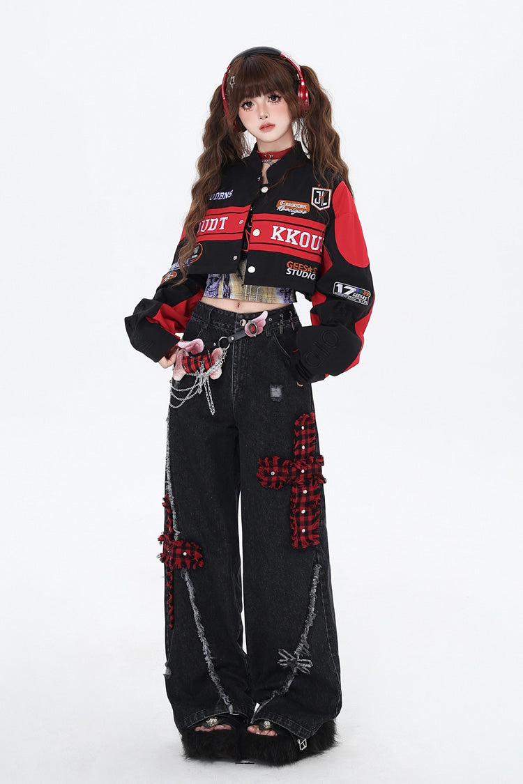 [Biker Girl] Long Sleeves Print Embroidery Zipper Detachable Jirai Kei Coat 3 Colors