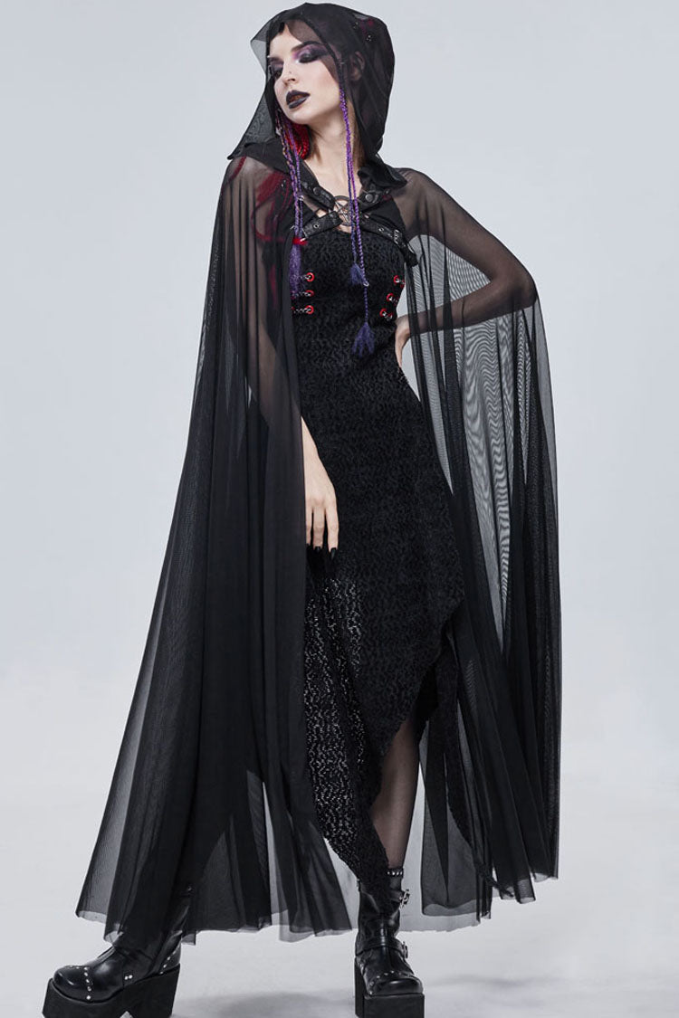 Black Punk Cross Leather Straps On Chest Design Metal Five-Pointed Star Decoration Long Hooded Women's Cape
