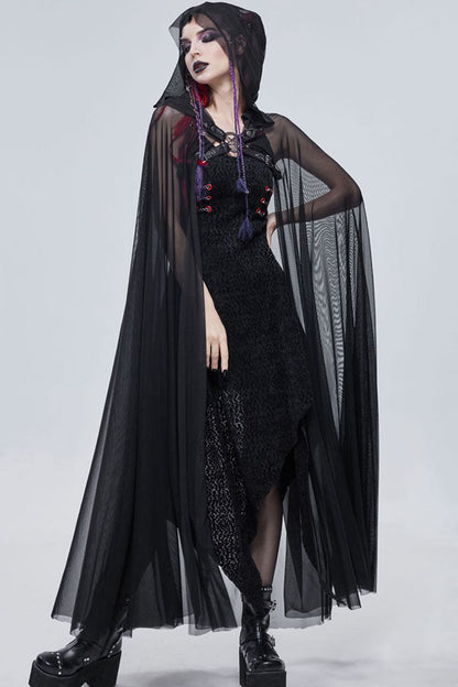 Black Punk Cross Leather Straps On Chest Design Metal Five-Pointed Star Decoration Long Hooded Women's Cape