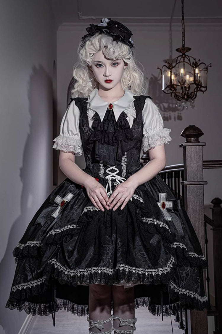 Black [Night Rose] Ruffle Bowknot Lace-Up Short Front and Long Back Gothic Gorgeous Lolita Jsk Dress
