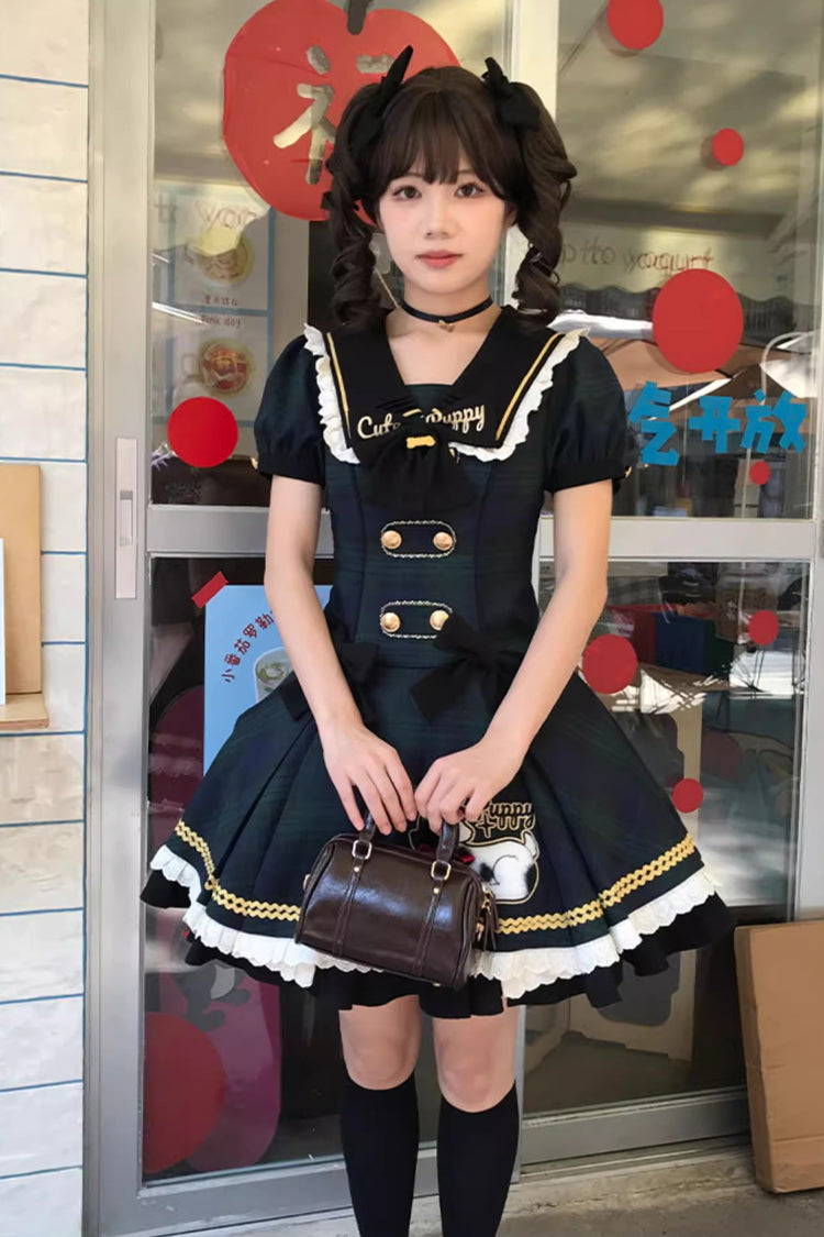 Blue [Dalmatian] Short Sleeves Print Ruffle Bowknot Slim Sweet Lolita Dress