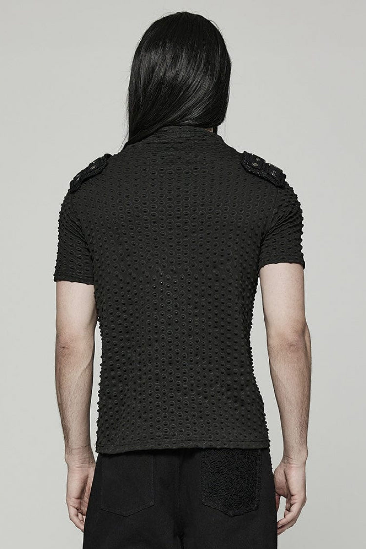 Black Short Sleeves Mesh Bubble Buckle Zipper Mens Steampunk T-Shirt
