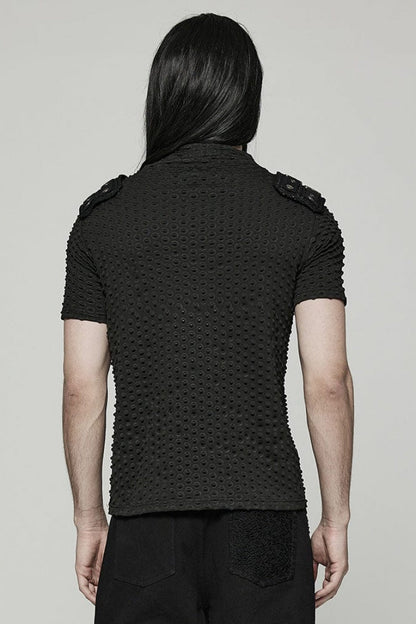 Black Short Sleeves Mesh Bubble Buckle Zipper Mens Steampunk T-Shirt