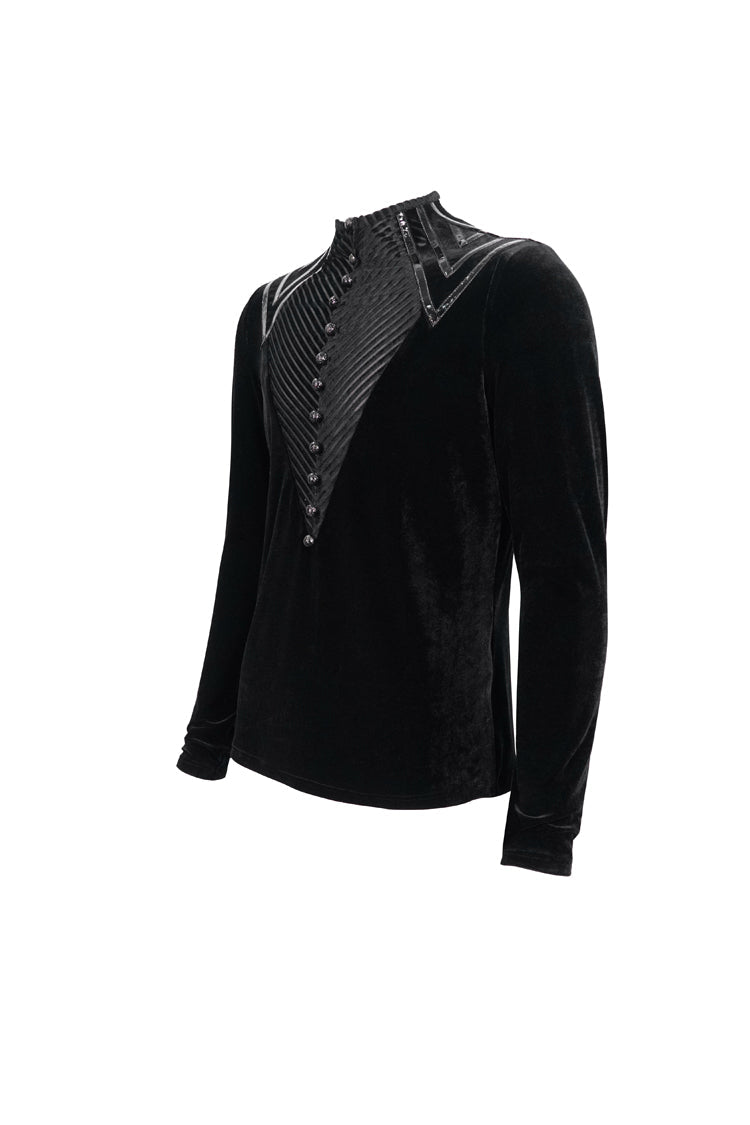 Black Round Collar Long Sleeves Stripes Splice Velvet Men's Gothic Shirt