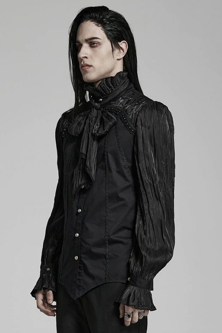Black Stand Collar Ruched Stitching Lace Mens Gothic Blouse with Scarf