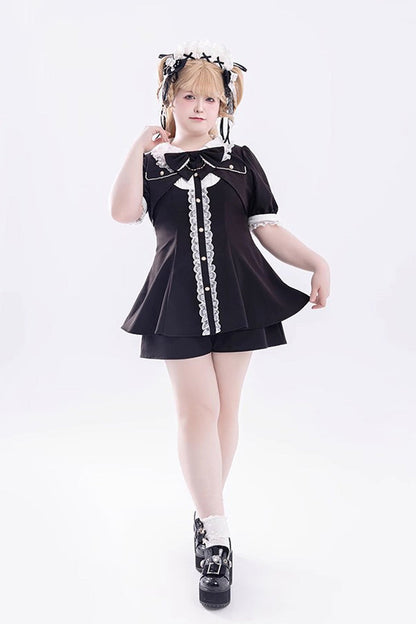 Black Short Sleeves Ruffle Bowknot Fake Two Pieces Jirai Kei Japanese Dress Shorts
