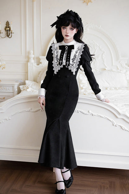 Black/White [Rose Doll] Square Collar Long Sleeves Bowknot Lace-Up Gothic Lolita Dress Set 2 Versions