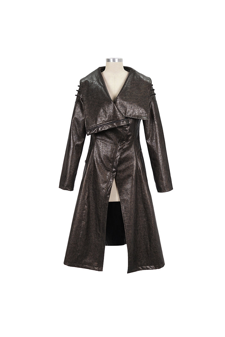 Brown Large Neckline Design Shoulder String Decoration Long Leather Women's Punk Jacket