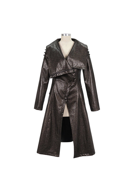 Brown Large Neckline Design Shoulder String Decoration Long Leather Women's Punk Jacket