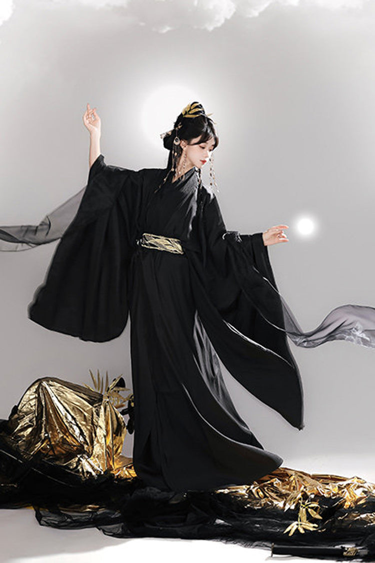 Black [Bamboo Leaves] V Collar Trumpet Sleeves High Waisted Embroidered Women's Classic Hanfu Dress Set