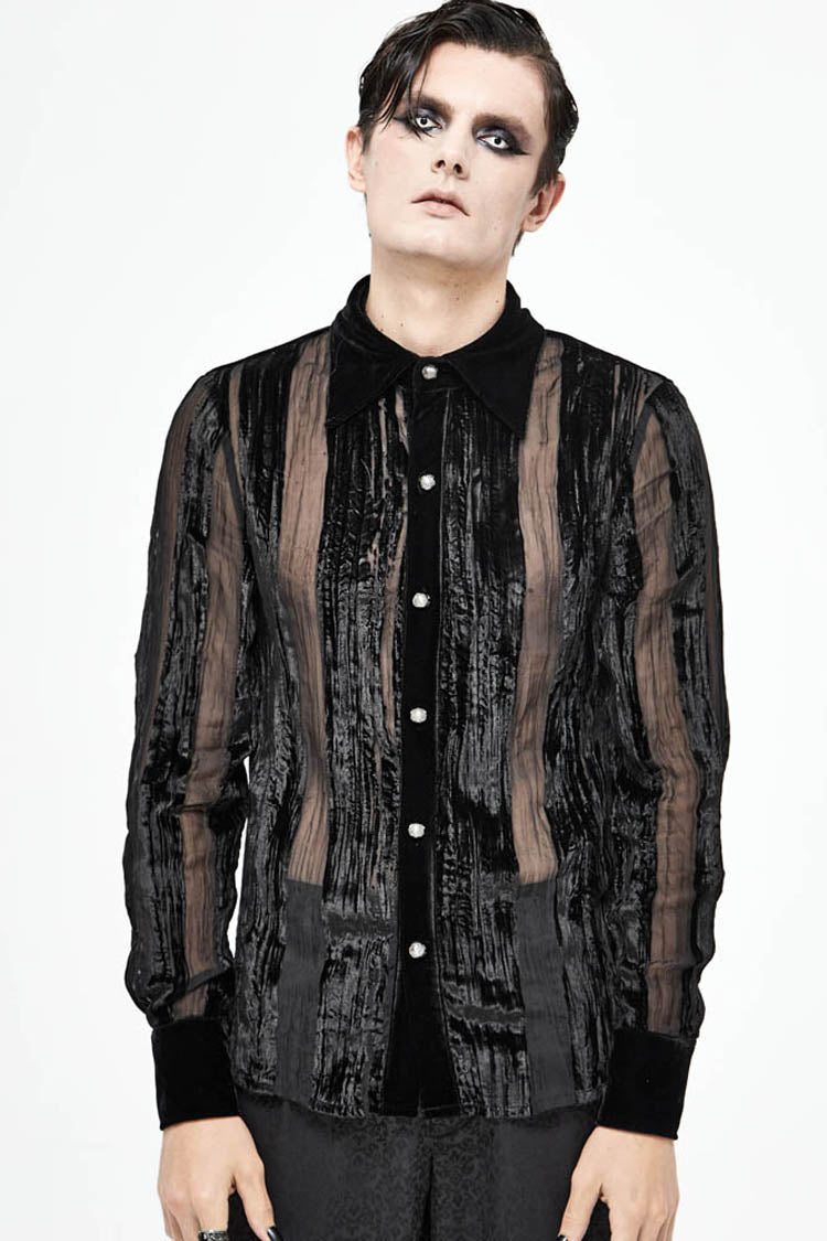 Black Striped Velvet Fold Mushroom Metal Buckles Long Sleeve Irregular Men's Gothic Shirt