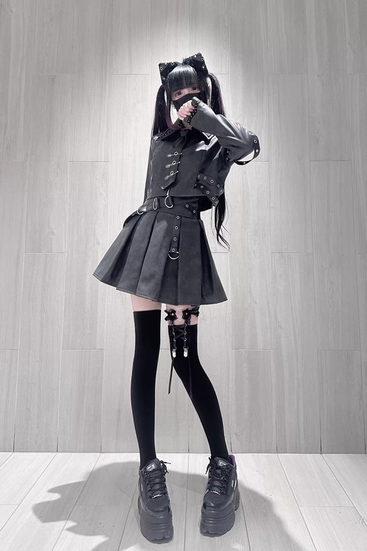 Black [Eternal Night of Bones] Lapel Collar Long Sleeves Studded Eyelet Gothic Jirai Kei Japanese Handsome Top and Skirt Set