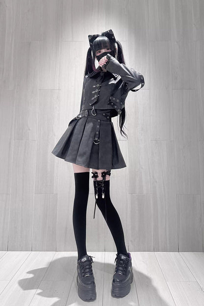 Black [Eternal Night of Bones] Lapel Collar Long Sleeves Studded Eyelet Gothic Jirai Kei Japanese Handsome Top and Skirt Set