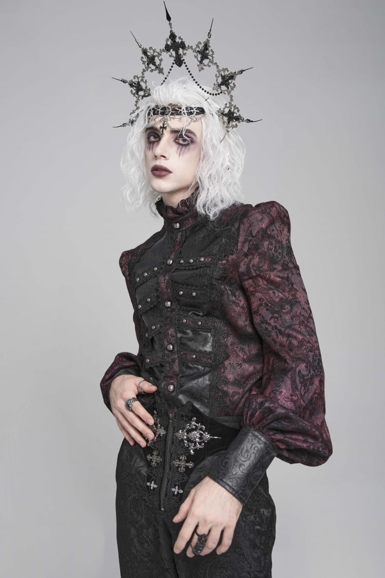 Black/Red Stand Collar Long Lantern Sleeves Floral Print Embroidery Men's Gothic Blouse