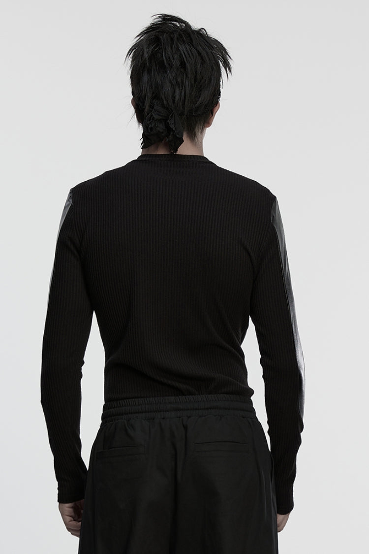 Black Round Collar Long Sleeves Spliced Eyelet Men's Punk T-Shirt