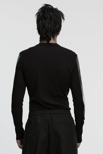 Black Round Collar Long Sleeves Spliced Eyelet Men's Punk T-Shirt