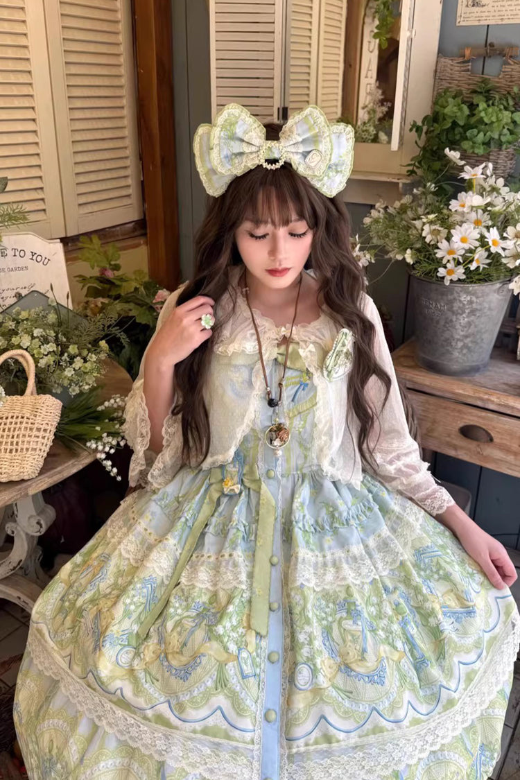 Blue/Green [Lily of the Valley Perfume] Pearl Candy Tea Doll Collar Sleeveless Printed Lace Plus Size Sweet Lolita Jsk Dress