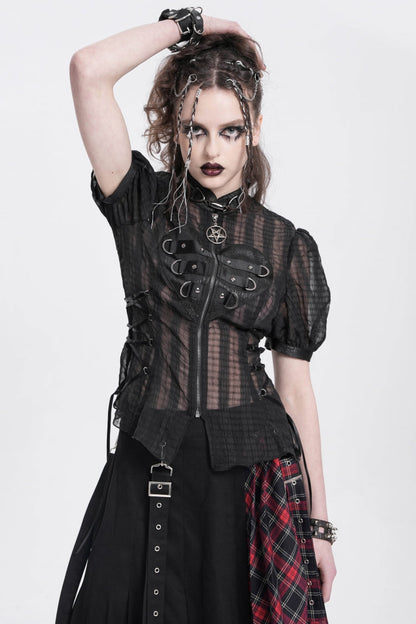 Black Stand Collar Short Puff Sleeves Sheer Mesh Women's Gothic Blouse