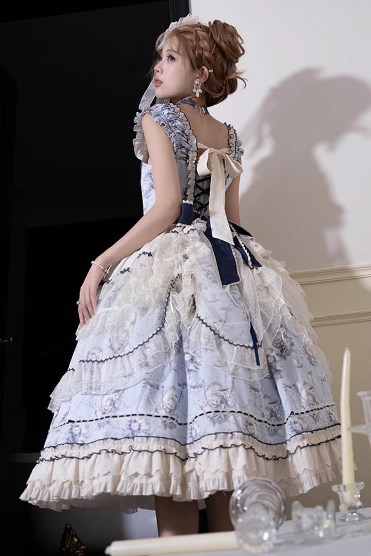 Blue [Swing Cat] Print Ruffle Bowknot Lace Sweet Elegant Lolita Jsk Dress