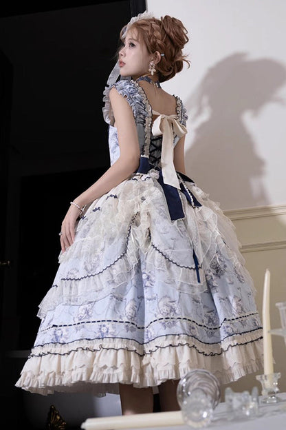 Blue [Swing Cat] Print Ruffle Bowknot Lace Sweet Elegant Lolita Jsk Dress