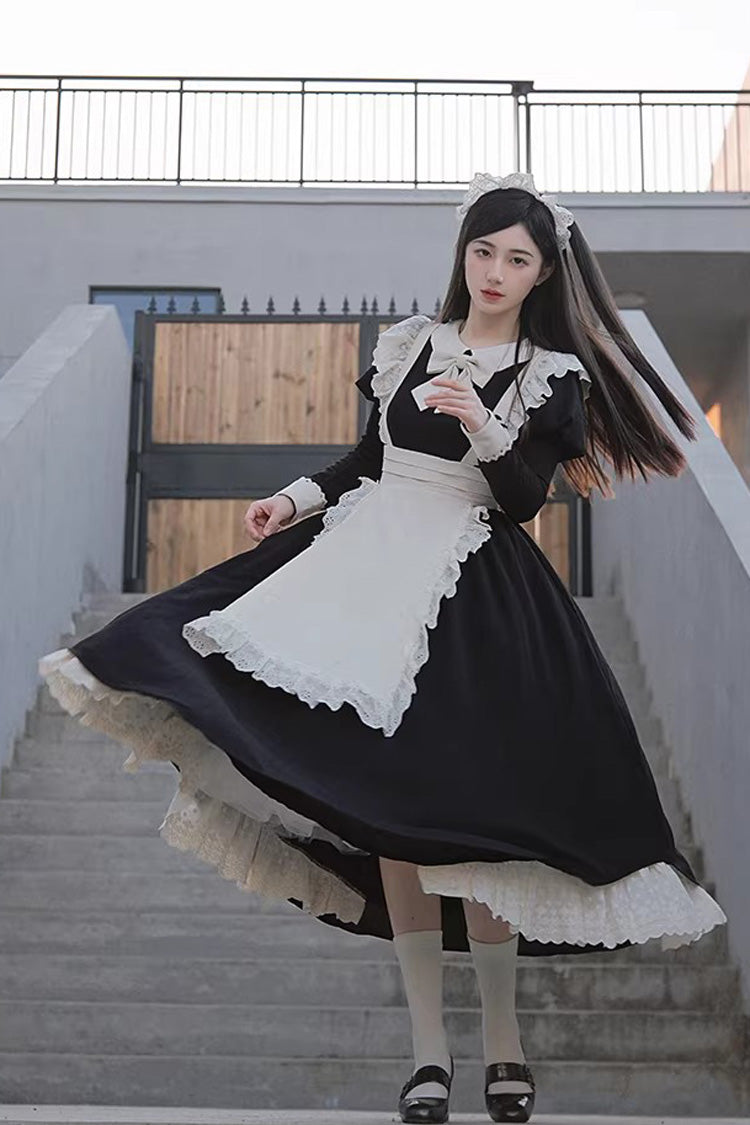 Black/White Round Collar Short Sleeves Ruffled Bow Sweet Elegant Lolita Maid Dress 2 Versions