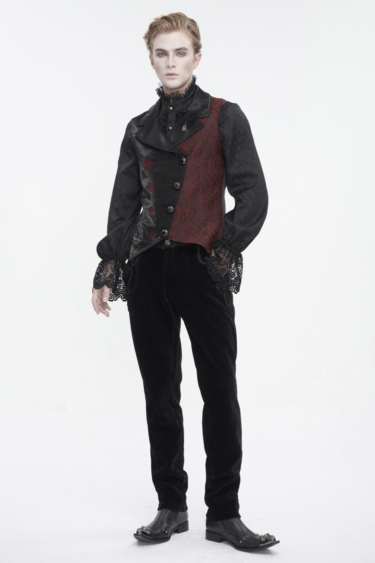 Black/Red Embossed Feather Men's Gothic Waistcoat
