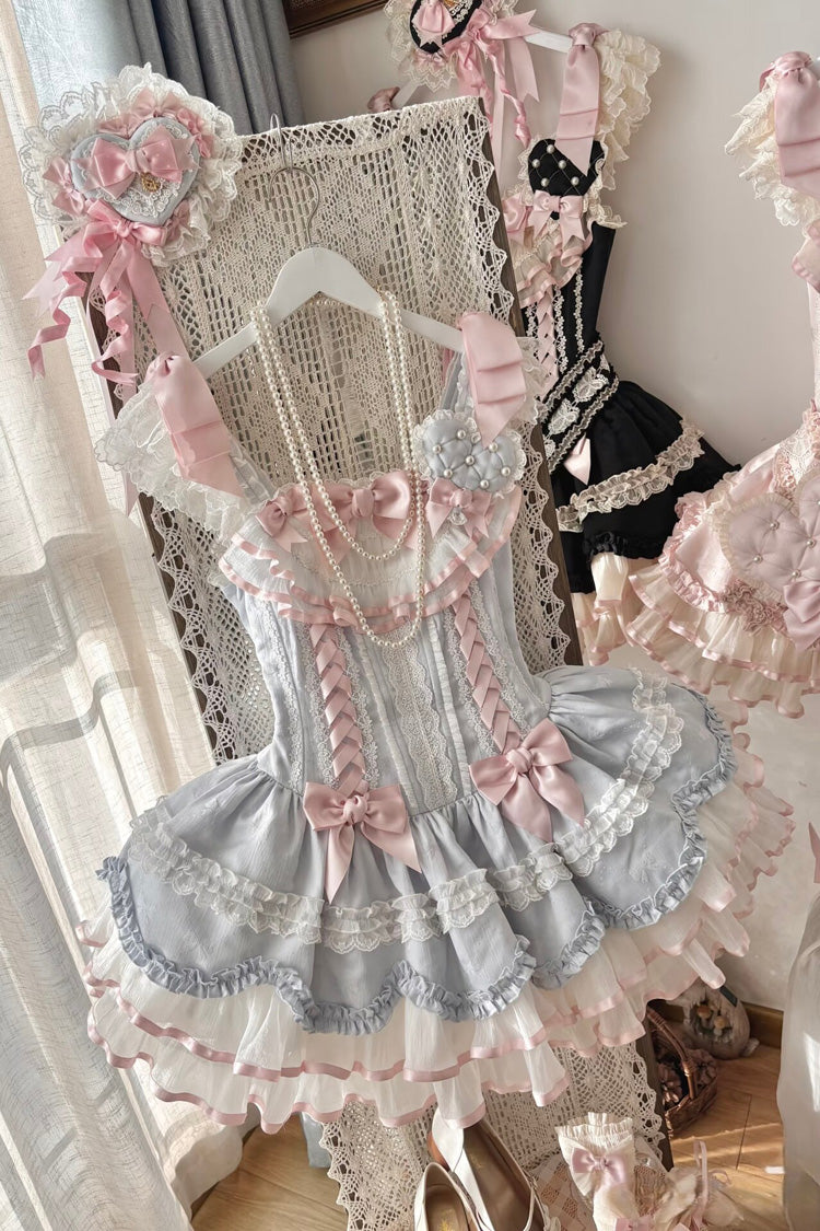 Blue Triple-Layered Ruffled Bow Lace-Up Slim Ballet Sweet Lolita Dress