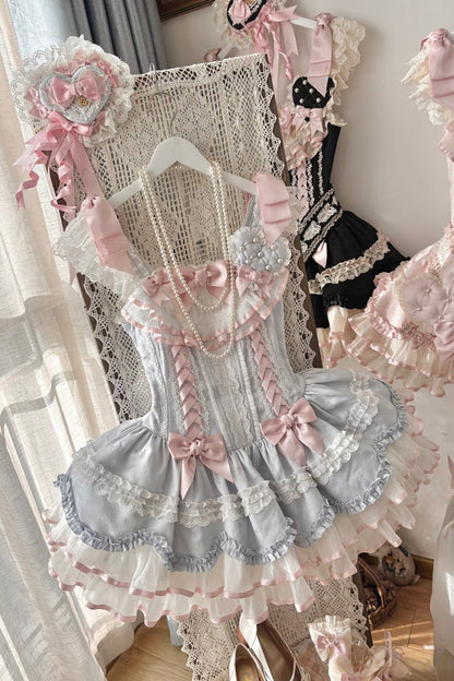 Blue Triple-Layered Ruffled Bow Lace-Up Slim Ballet Sweet Lolita Dress