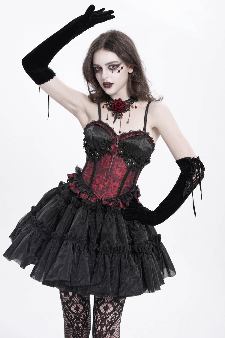 Red Sleeveless Ruffle Embroidery Lace-Up Women's Gothic Tank Top