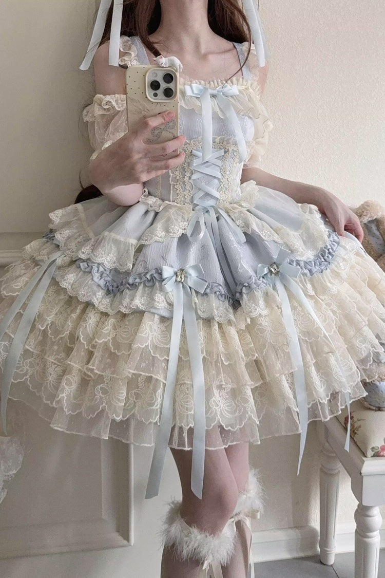 Blue [Ribbon Heart Love] Sleeveless Multi-Layered Ruffle Bowknot Lace Lace-Up Sweet Princess Ballet Lolita Jsk Dress