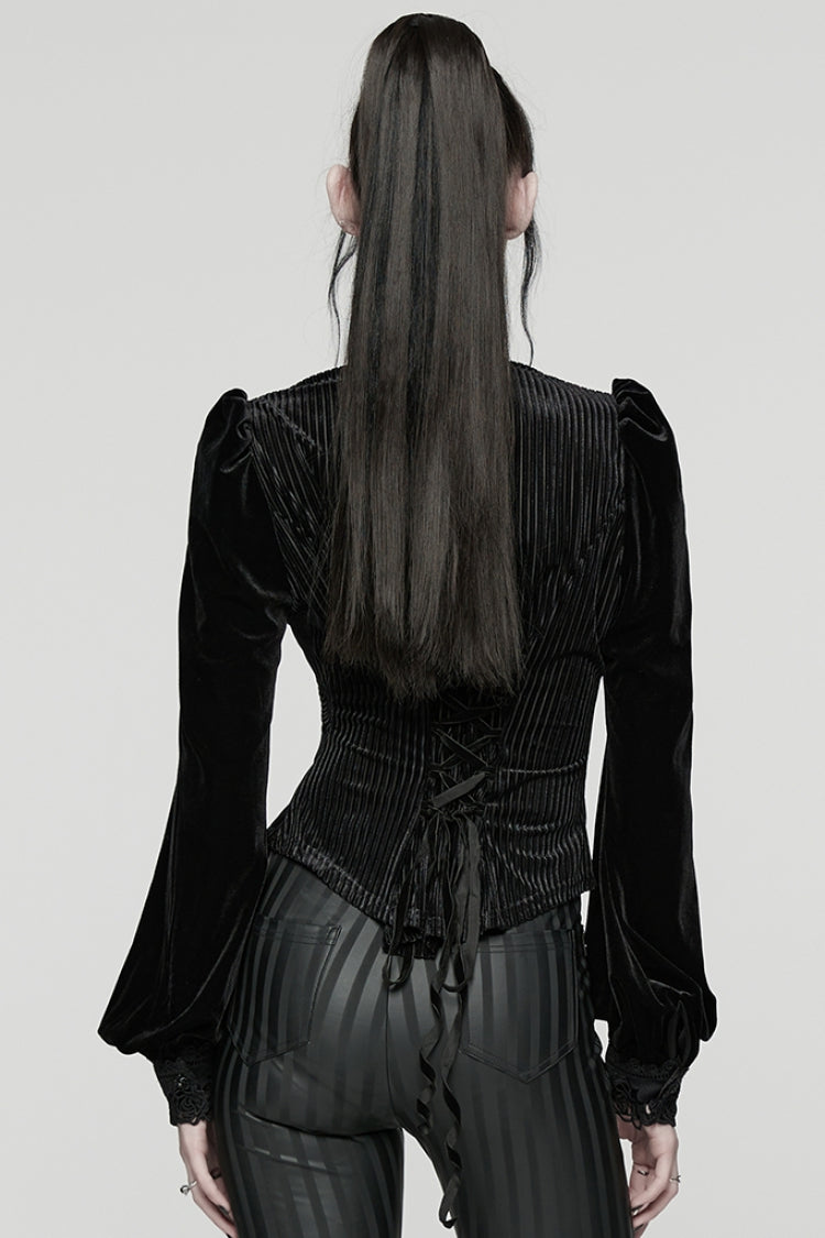 Black Stand Collar Long Puff Sleeves Floral Embroidered Lace-Up Women's Gothic Blouse