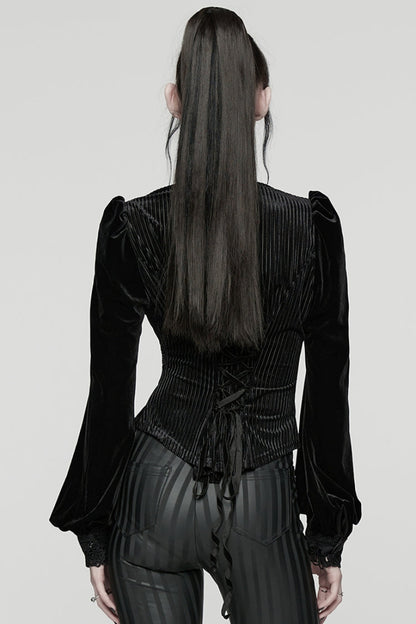 Black Stand Collar Long Puff Sleeves Floral Embroidered Lace-Up Women's Gothic Blouse