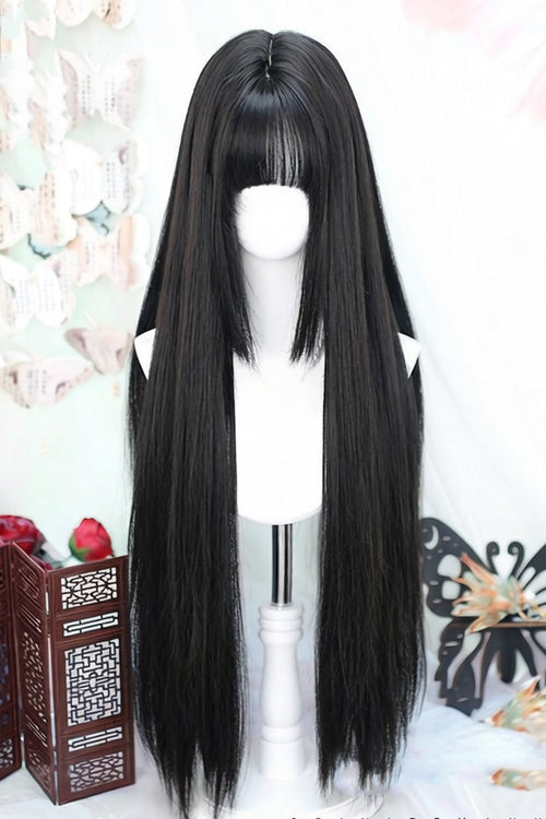 Natural Black Phoenix Tail Style Long Straight Sweet Lolita Wig with Airy Bangs
