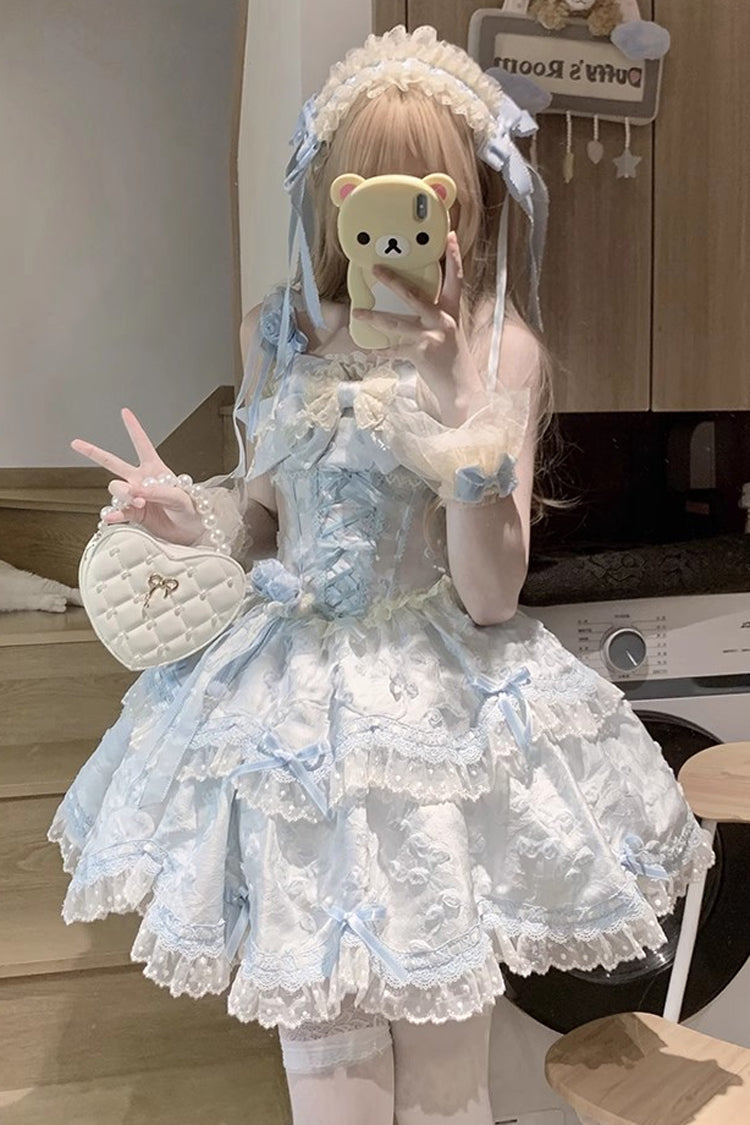 Blue [Floral Overture] Double-Layered Ruffle Embroidery Bowknot Lace Sweet Lolita Jsk Dress